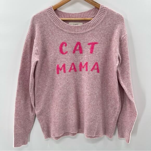 Loft “CAT MAMA” Wool Blend Soft Cozy Pink Crewneck Sweater Size Medium - Picture 3 of 11